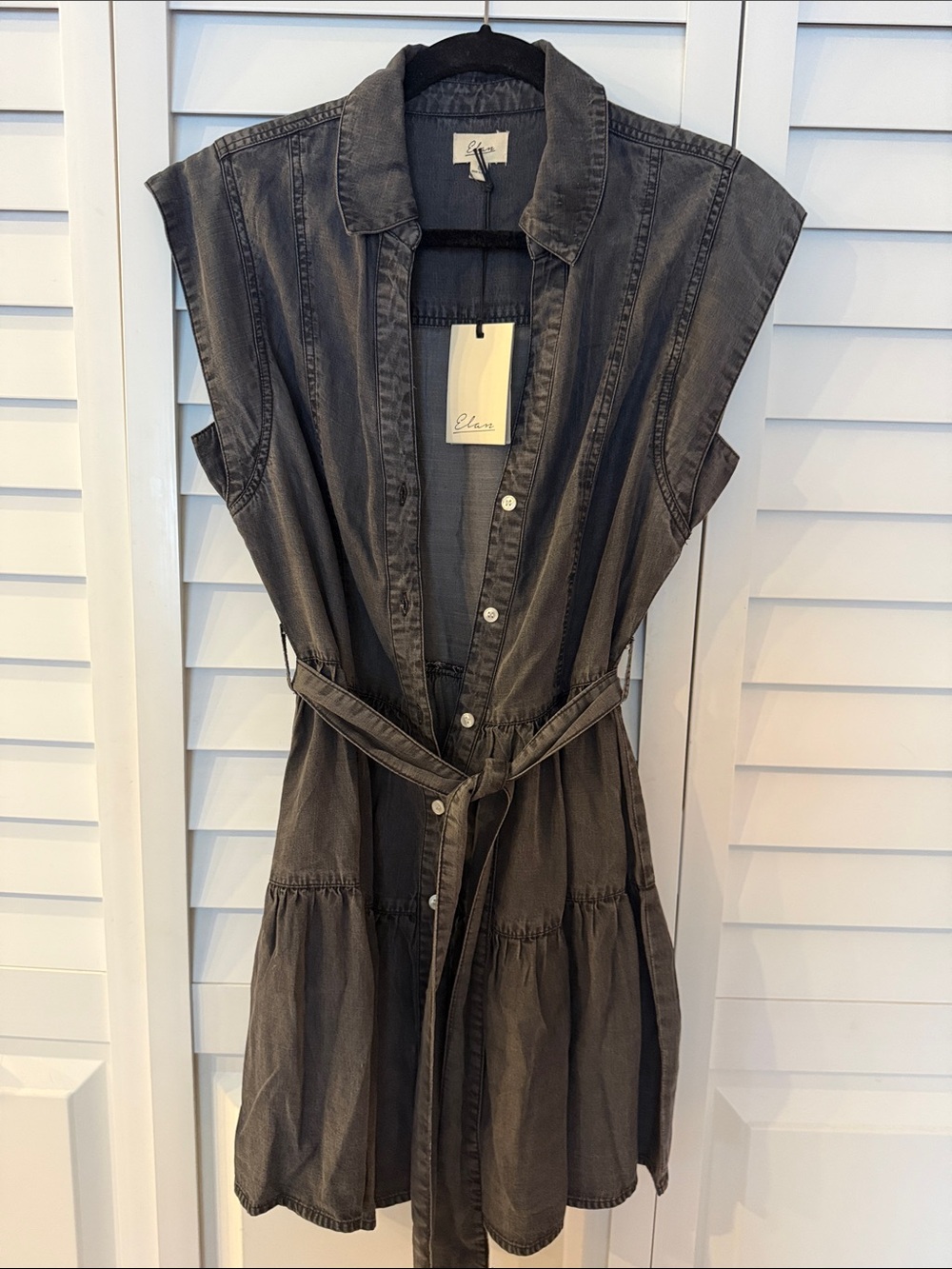 Elan Washed Black Sleeveless Button-Front Shirt Dress with Tie Waist